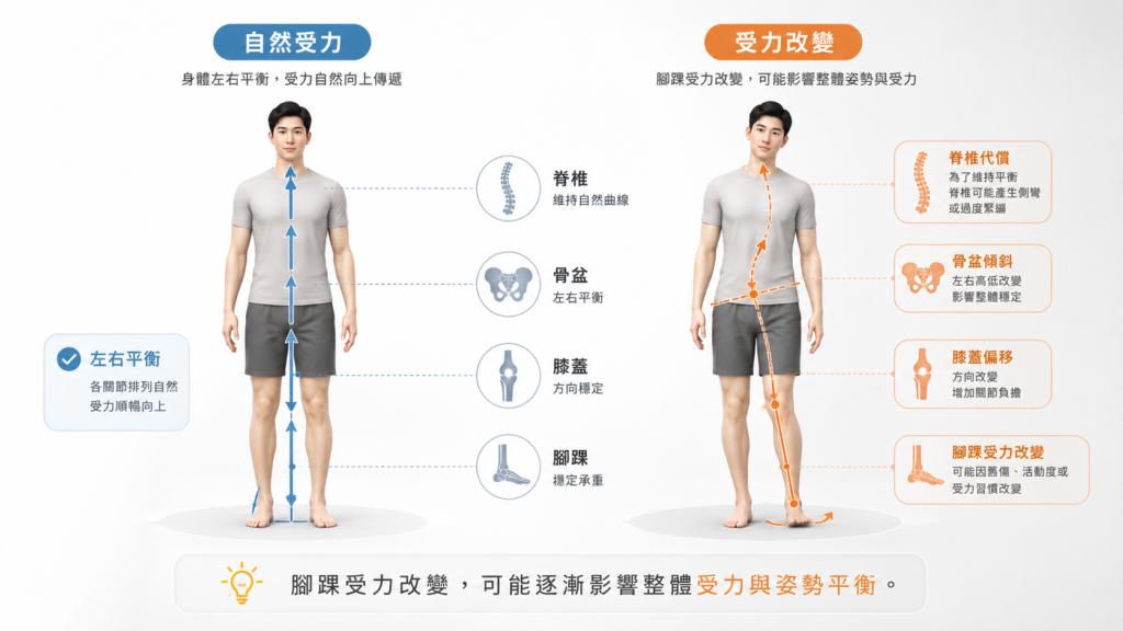 腳踝受力改變可能一路影響膝蓋、骨盆與脊椎，造成整體受力與姿勢平衡變化示意圖。