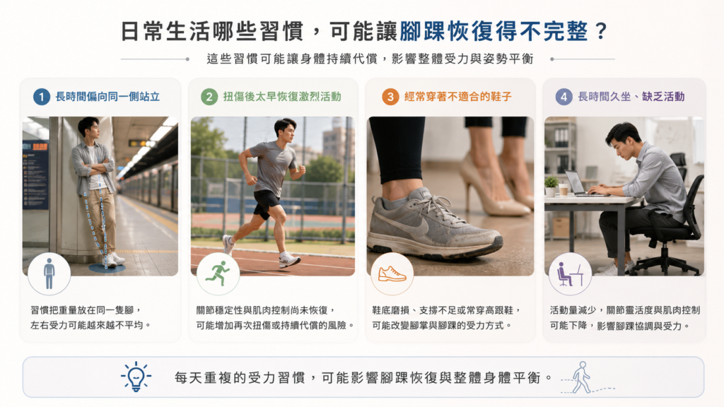 日常生活中的站姿、運動、鞋子與久坐等習慣，可能影響腳踝恢復與整體姿勢平衡示意圖。