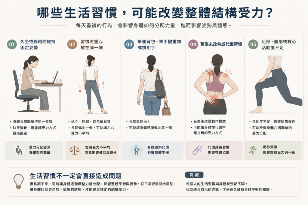 久坐、重心偏向一側、單側背包、舊傷及足部受力等生活習慣，可能影響整體結構受力與身體平衡示意圖。
