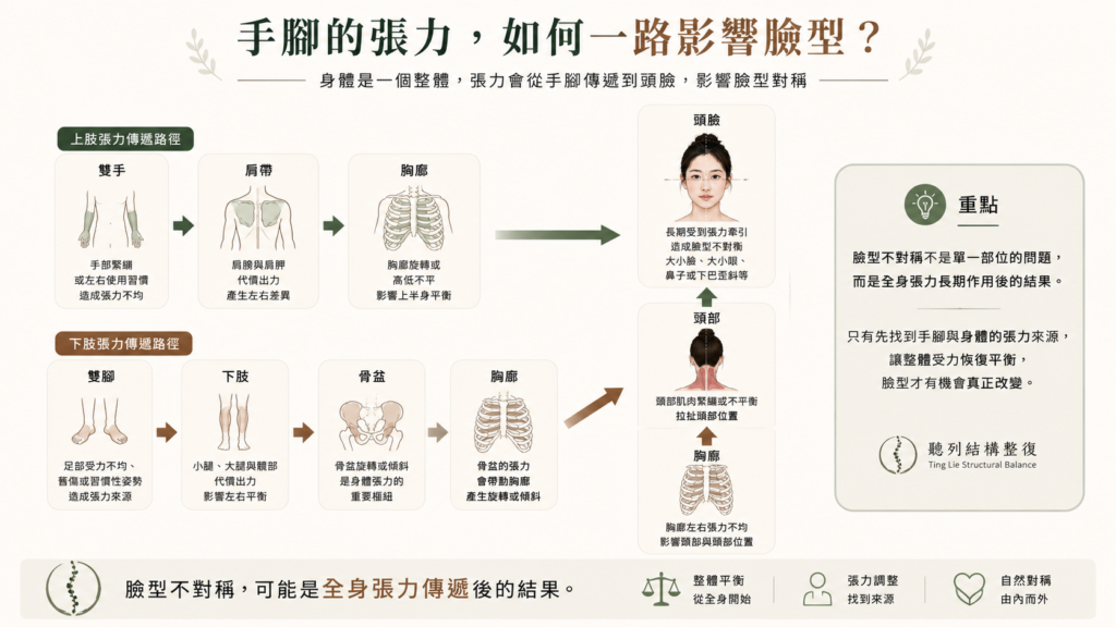 手腳的張力如何一路影響臉型? 手腳張力經肩帶、胸廓與骨盆傳遞到頭臉,影響臉型不對稱示意圖
