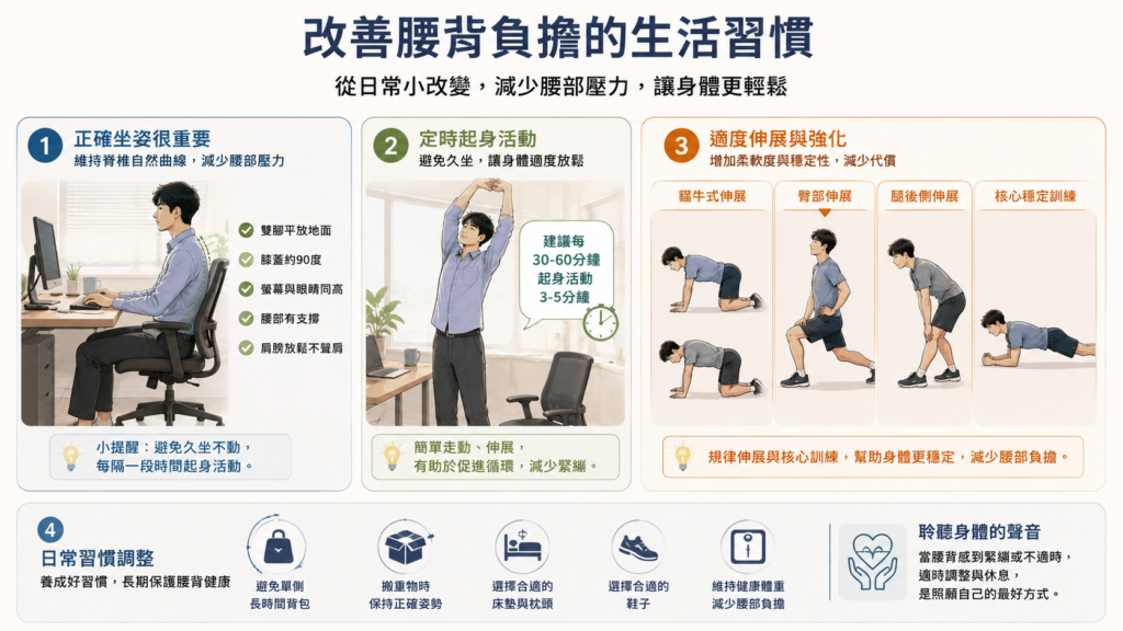 改善久坐姿勢的方法 改善久坐腰背負擔的生活習慣示意圖