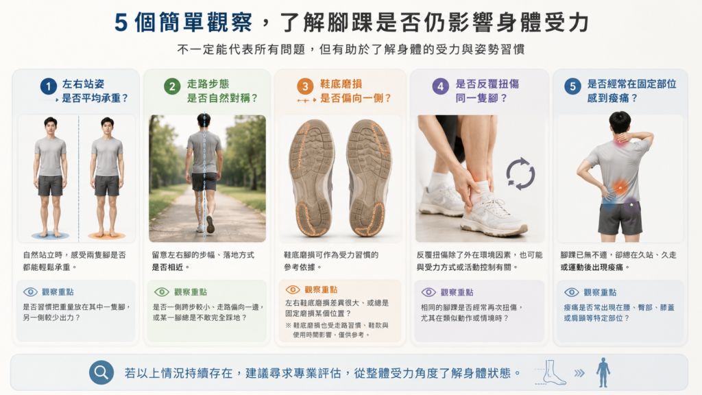 五個簡單觀察腳踝是否仍影響身體受力，包括站姿、步態、鞋底磨損、反覆扭傷與固定部位痠痛示意圖。