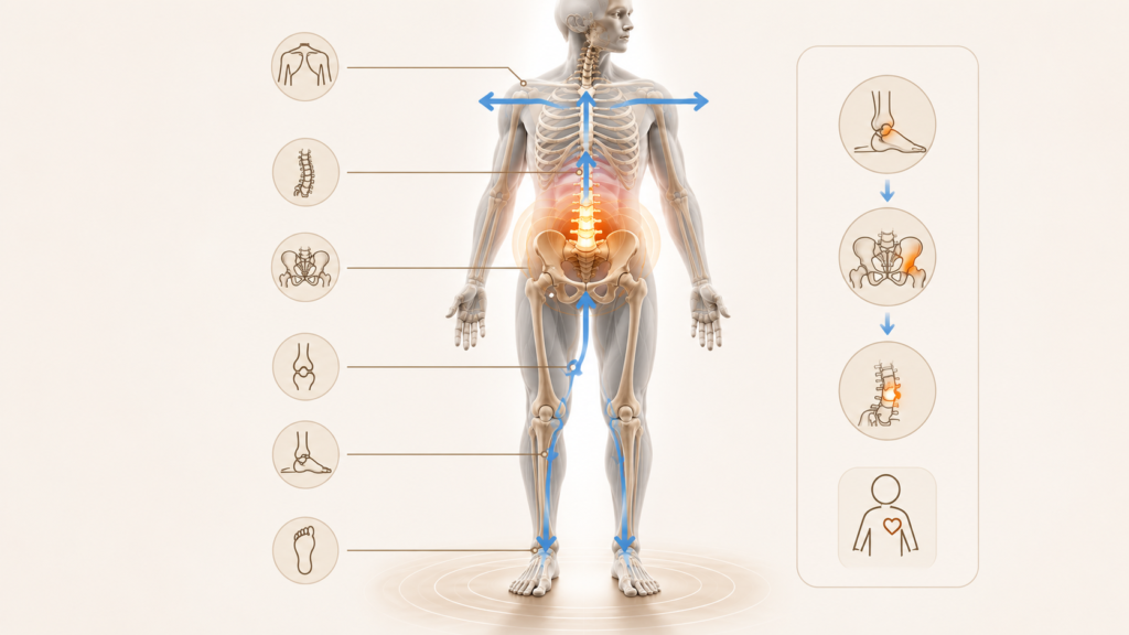 low-back-pain-whole-body-force-chain-16x9 腰痠背痛不一定是腰部本身的問題,腳踝、膝蓋、骨盆、脊椎與胸廓共同影響身體受力示意圖