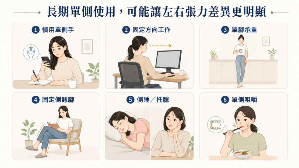 左右臉不對稱與生活習慣示意，慣用單側手、固定方向工作、單腳承重、翹腳、側睡托腮與單側咀嚼