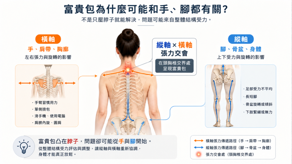 富貴包與烏龜頸整體結構受力示意圖，手部橫軸與腳部縱軸張力在頸胸椎交界處交會