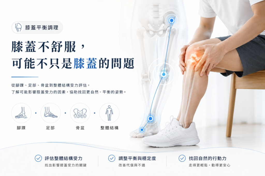 膝蓋平衡調理示意圖，呈現腳踝、足部、骨盆與膝蓋的整體結構受力關係，說明膝蓋不舒服可能與整體姿勢及受力平衡有關。