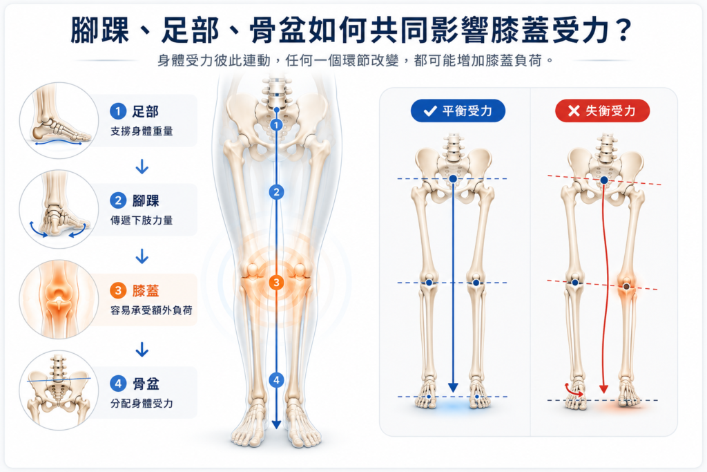 腳踝、足部、骨盆與膝蓋受力關係示意圖，比較平衡與失衡時的受力傳遞，說明整體結構受力可能影響膝蓋負荷。