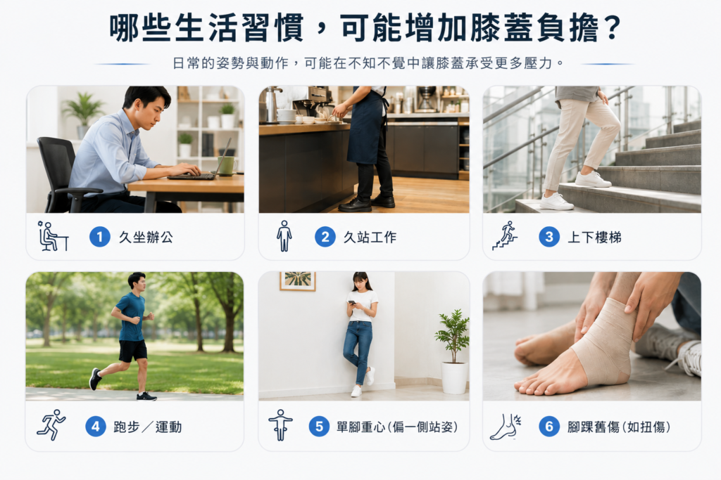 久坐、久站、上下樓梯、跑步、單腳重心及腳踝舊傷等六種日常生活情境示意圖，說明這些生活習慣可能影響膝蓋受力。