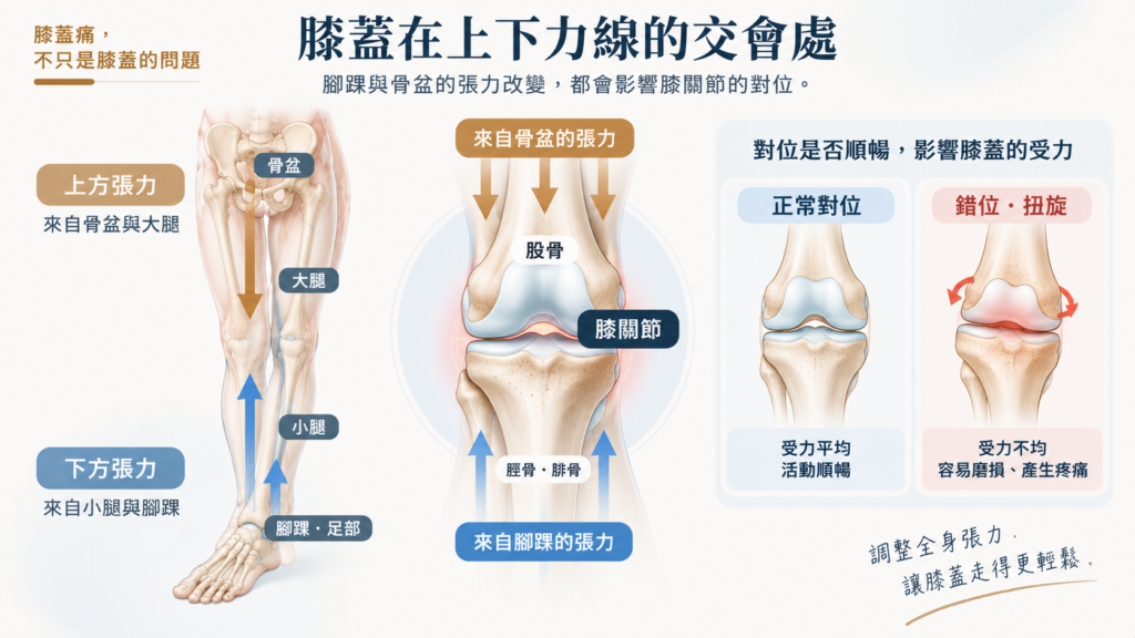 膝蓋疼痛與腳踝、骨盆上下力線 腳踝與骨盆上下力線影響膝關節對位與膝蓋疼痛示意圖