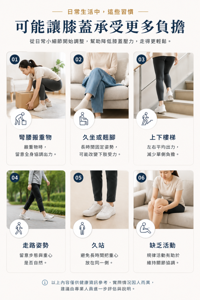 六格生活情境示意圖，呈現彎腰搬重物、久坐或翹腳、上下樓梯、走路姿勢、久站及缺乏活動等日常習慣，可能影響膝蓋受力。