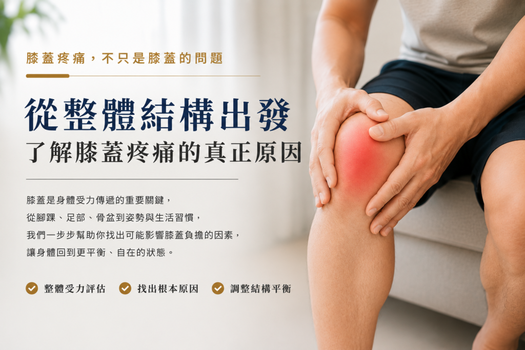 膝蓋疼痛除了膝蓋本身，也可能與腳踝、足部、骨盆及身體整體結構受力有關的示意圖。
