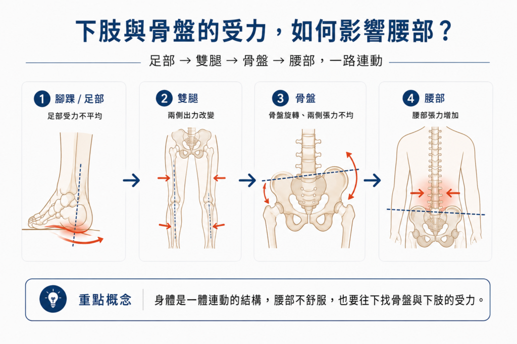 腳踝、雙腿與骨盤受力影響腰部示意圖