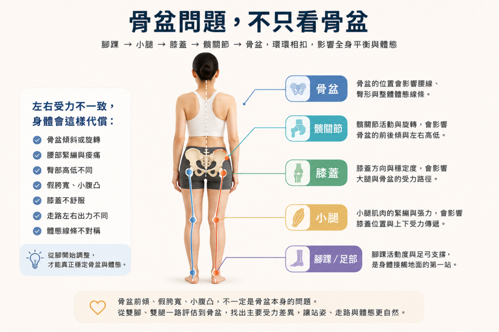 骨盆前傾與假胯寬不只看骨盆，腳踝、小腿、膝蓋與髖關節受力示意圖