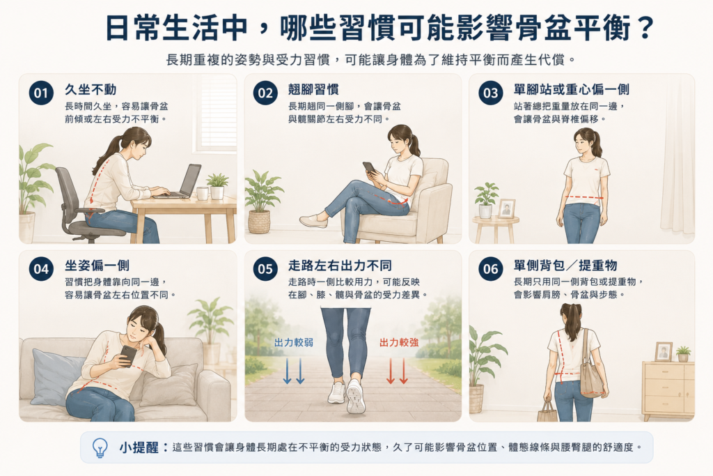 翹腳、單腳站、久坐與左右出力不同等影響骨盆平衡的日常習慣