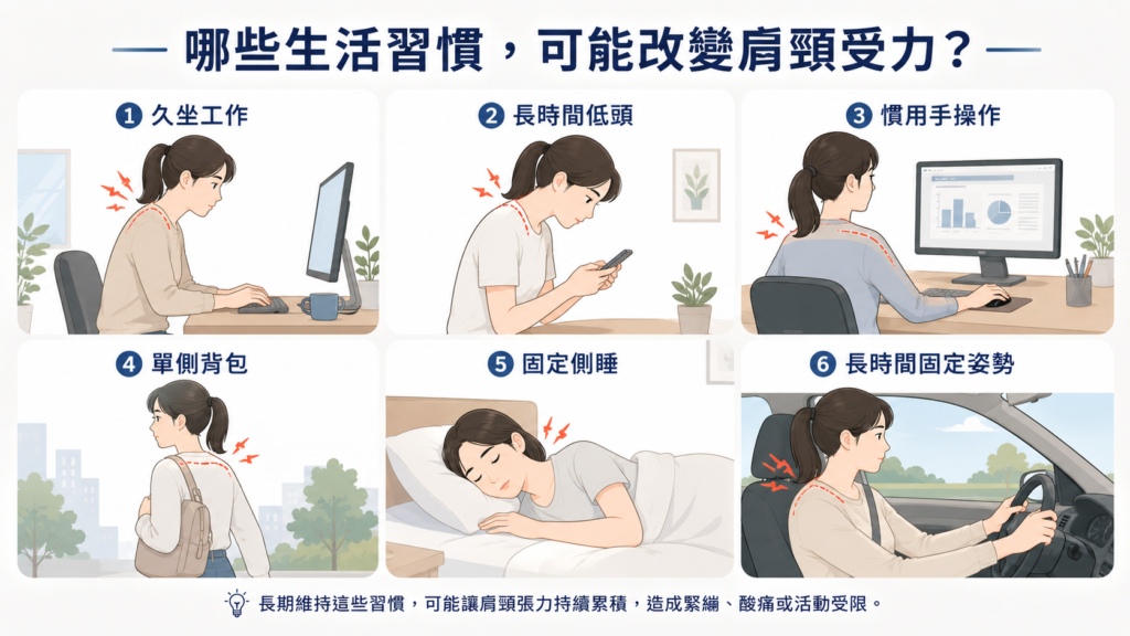 哪些生活習慣可能改變肩頸受力? 久坐、低頭、慣用手與單側生活習慣影響肩頸受力示意圖