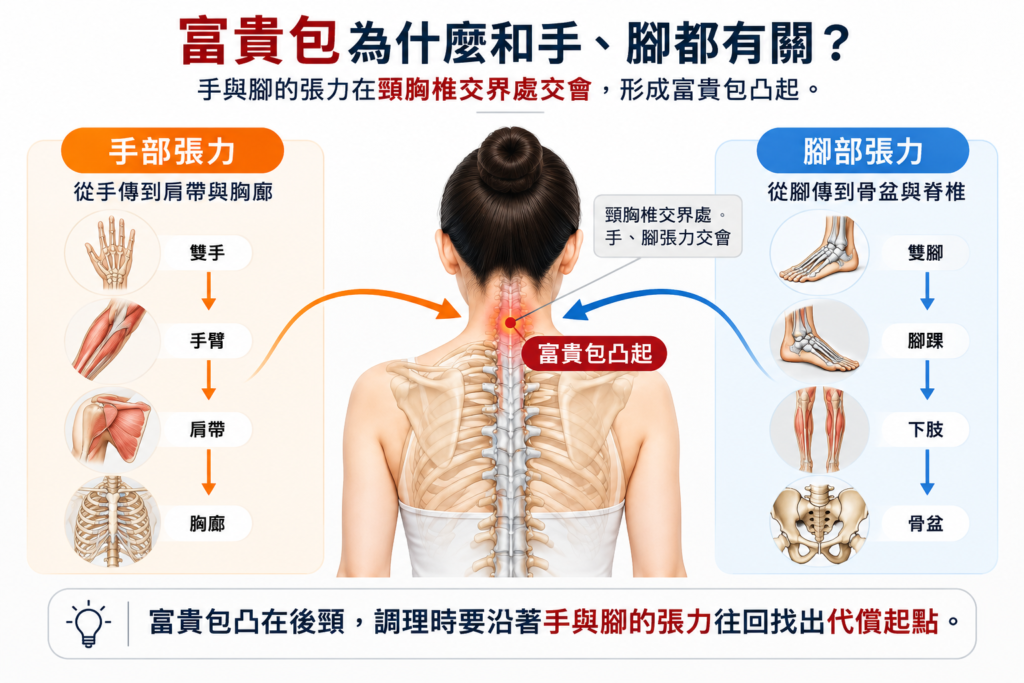 富貴包為什麼和手、腳都有關? 富貴包與手腳張力交會示意圖,手與腳張力在頸胸椎交界處交會