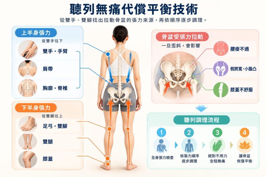 聽列無痛代償平衡技術｜從雙手雙腳檢查拉動骨盆的張力來源