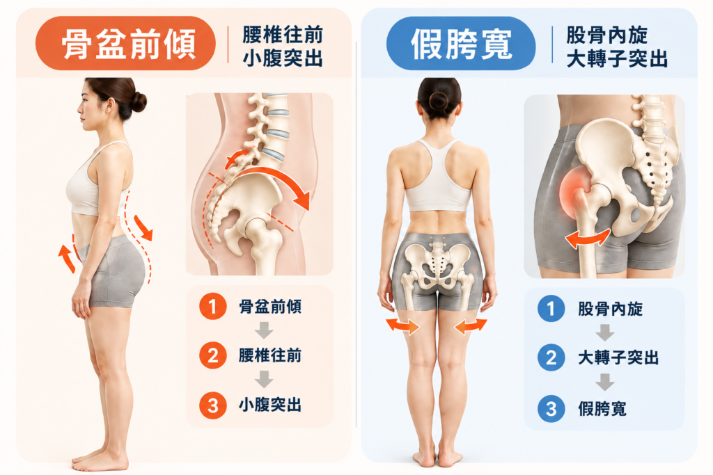 骨盆前傾與假胯寬結構圖｜骨盆前傾、股骨內旋與大轉子突出